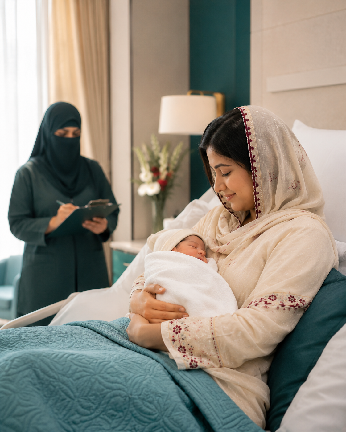 Mother holding her newborn in a modern maternity room