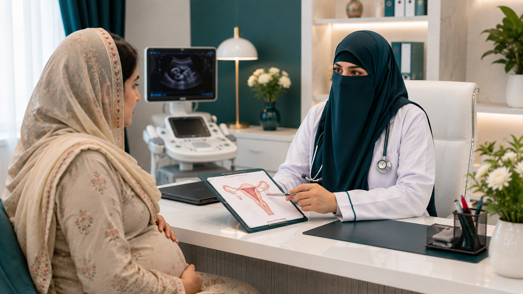 Pregnant woman receiving pregnancy care in a private women's clinic