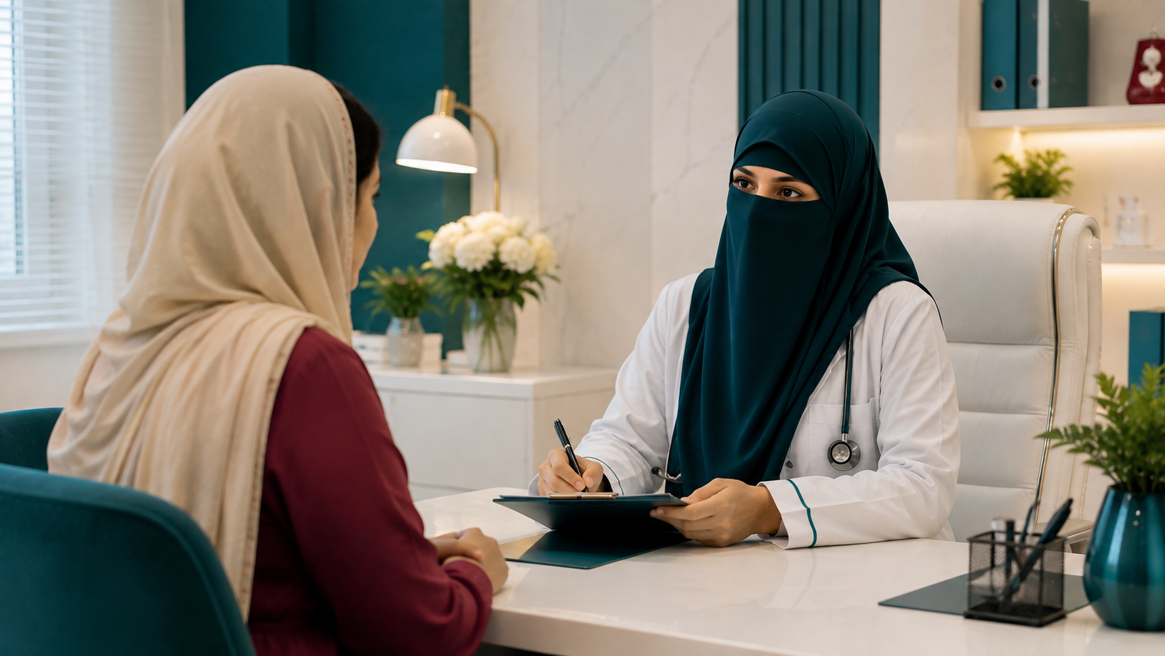 Dr. Laila Nazir speaking with a female patient